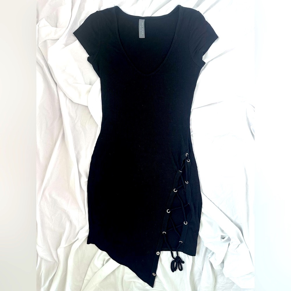 Black Mini Dress with Lace-Up Detail